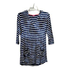 Sandivea Women's Hoodie Shirt Dress Blue Striped 3/4 Sleeve Pockets Size Small